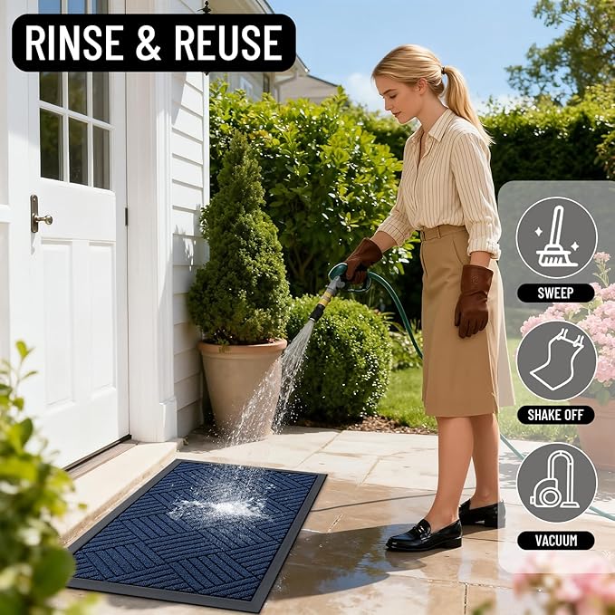 OLANLY Front Door Mat Outside Entrance 71x23, Absorbent, Heavy Duty Sturdy Natural Rubber Doormat Indoor Outdoor, Stain Fade Resistant, Non-Slip Low Profile Floor Mat for Entryway, Navy Blue Diamond