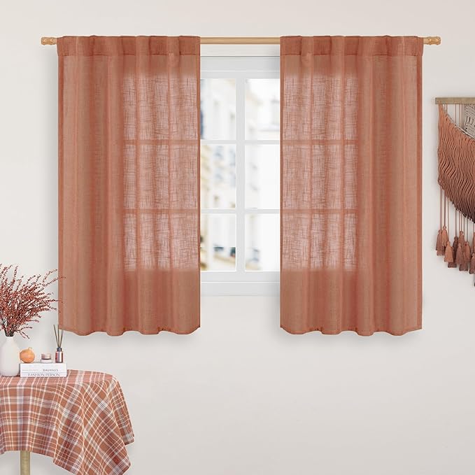 LAMIT 54 Inch Semi Sheer Window Linen Curtains, Light Filtering Panels Back Tab and Rod Pocket Neutral Drapes for Bedroom/Living Room, Terracotta, 2 Panels, 34 x 54 Inch