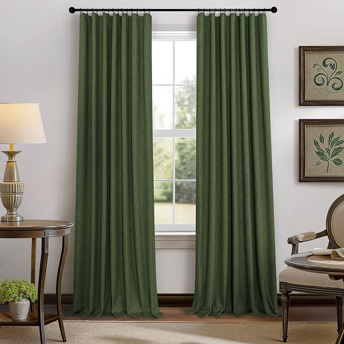 Ptialk Elegant Blackout Curtains for Living Room Eclectic Moody Dark Olive Green Linen Curtains 72 Inch Length 2 Panels Set Long Drapes for Closet Cover Back Tab Rod Pocket Hunter Green 52x72