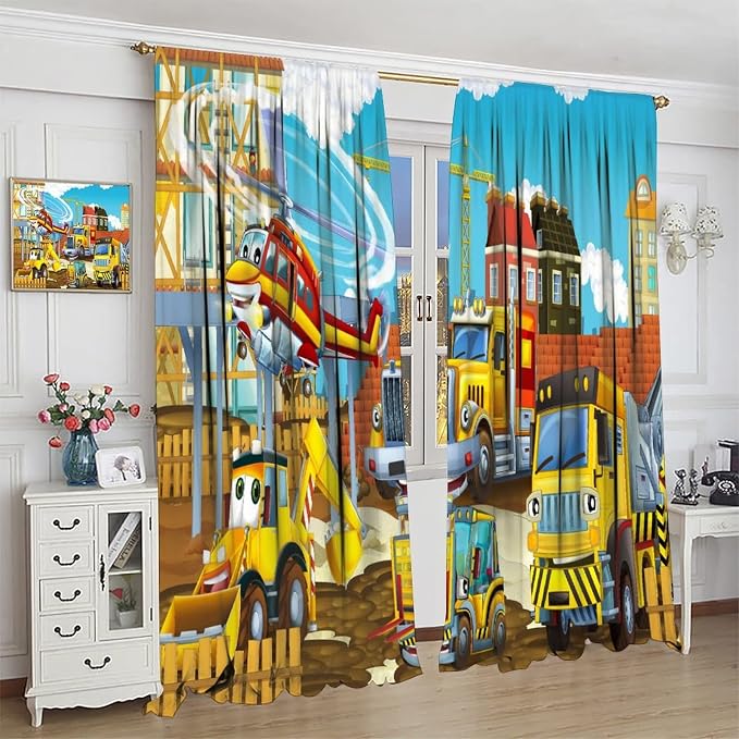 Kids Cartoon Construction Window Curtains, Funny Construction Site Cars and - Image 3