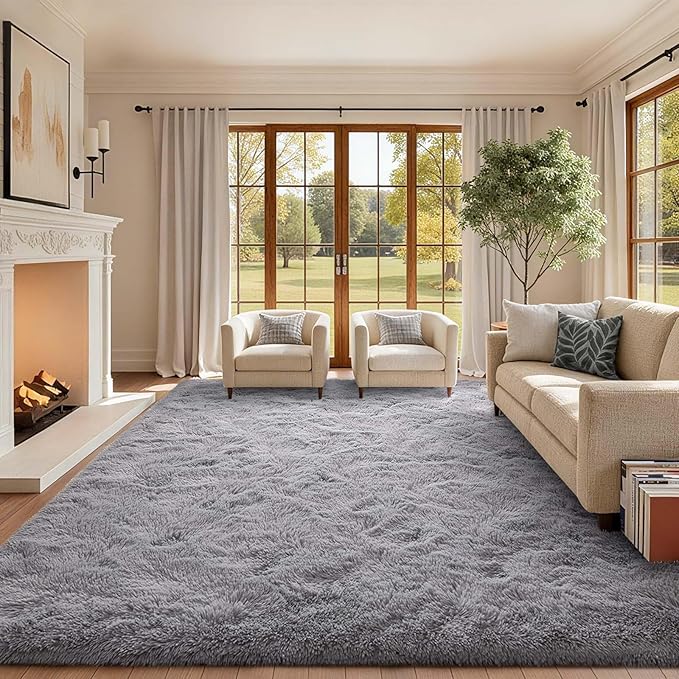 8x10 Ft Extra Large Shag Rugs for Living Room, Ultra Soft Fluffy Furry Area Rugs for Bedroom Indoor Floor, Aesthetic Carpet for Kids Home Decor (Light Grey)