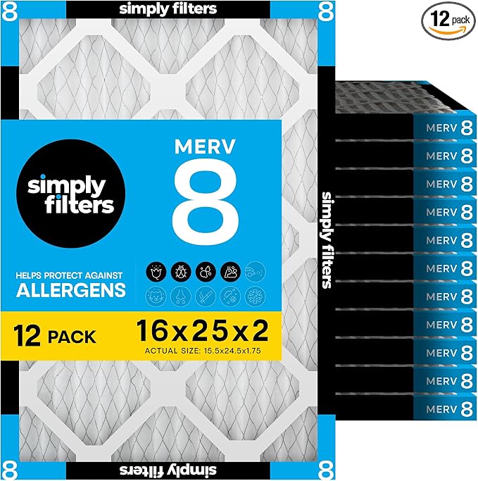 Simply 16x25x2 Air Filter, MERV 8, 12 Pack, Furnace Air Filter by SimplyFilters