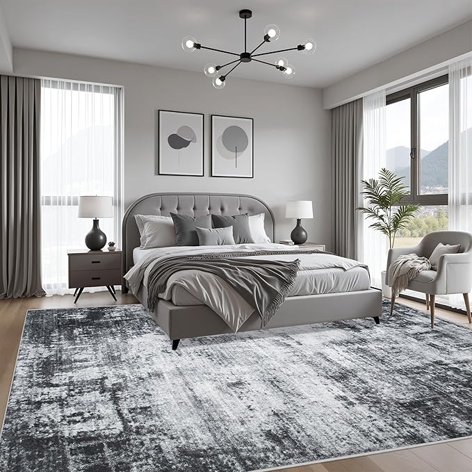 4x6 Area Rug Living Room Rug: Washable Modern Abstract Soft Thin Rug Indoor Floor No Slip Stain Resistant Carpet for Bedroom Dining Room Farmhouse Nursery Home Office - Dark-Black