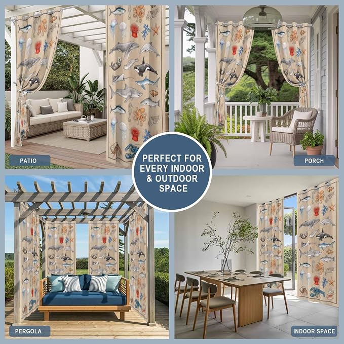 Vintage Outdoor Curtains for Patio Sharks Whales Lobsters Biographies - Image 8