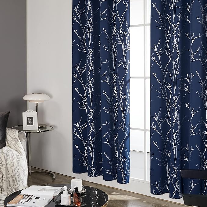 Deconovo Navy Blue Blackout Curtains, Living Room Curtain, Thermal Insulated Soundproof Drapes, Branch Silver Print, 52 x 84 Inch Long, Grommet Panels for Bedroom Office Nursery Home Decor, Set of 2