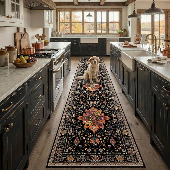 Area Rugs 2'6''x14' Runner Rug Non Slip Washable for Kitchen Hallway Bedroom Beside Laundry Room Bathroom Rug, Floor Carpet, Black Colorful Floral Dark Tan