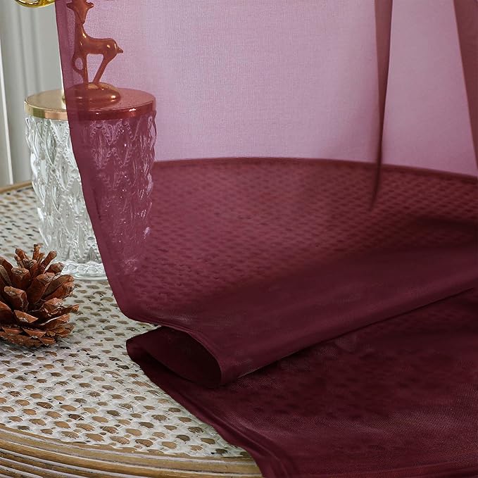 OWENIE Sheer Curtains 2 Panels Set for Bedroom Living Room, Soft Solid Rod Pocket Light Filtering Window Treatment, 2Pcs Each 59" W x 90" L, Burgundy Wine