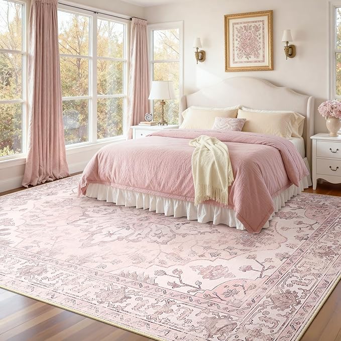 Area Rugs 6'x9' Washable Non-Slip, Floral Vintage Distress Print Pattern Medallion Carpet for Living Room Bedroom Dining Room, Pink Greypink Cute