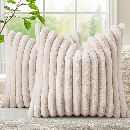 decorUhome Summer Cozy Faux Fur Throw Pillow Covers 18x18 Set of 2 Decorative Soft Plush Striped Modern Farmhouse Boho Couch Pillow Cases with Velvet Back for Sofa Bed Living Room, Beige