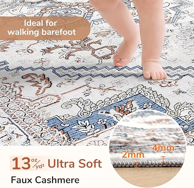 OPPODREAM Soft Entryway Rug 2x6, 2x6 Rug Runner, Neutral Washable Hallways Carpet 2 x 6 with Non Slip Backing, Low-Pile Bedside Carpet 2 x 6, Long, Faux Cashmere, Cream White & Blue & Light Brown