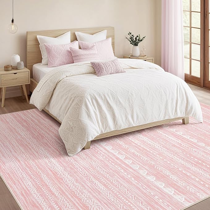 Nakagishi Pink Rugs for Bedroom Girls: 7x9 Washable Boho Large Neutral Cute Soft Area Rug Modern Indoor Floor Non Slip Accent Carpet for Living Room Nursery Kids Playroom Preppy Room Dorm Baby Room