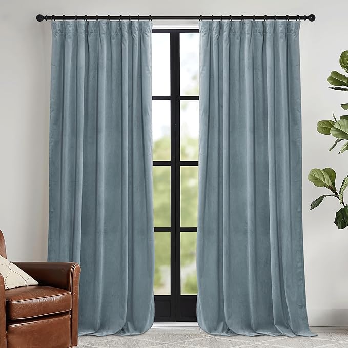 RYB HOME Stone Blue Velvet Curtains 90 inches Long - Blackout Curtains for Nursery Thermal Insulated Noise Reducing Soft Luxury Window Decor for Boy Baby, W52 x L90 inches, 2 Panels