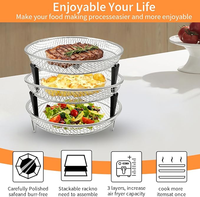 3 Layers Stackable Air Fryer Rack, 8 Inch Round Food Grade Stainless Steel - Image 3