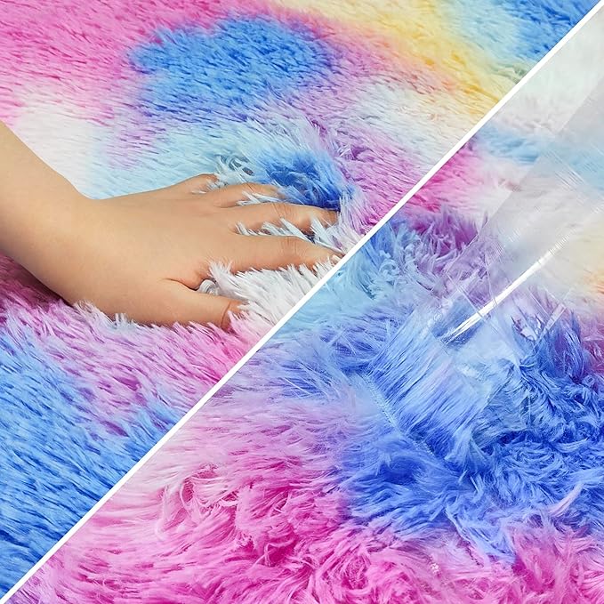 Fluffy Colorful Rug for Bedroom 2x8 ft Kawaii Tie-Dyed Area Rug Non Slip Cute Unicorn Kids Runner Rug for Girls Princess Teens Living Room Playroom Baby Nursery Decor Carpets