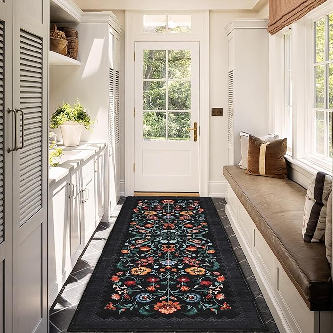 GarveeHome Floral Rug 2.5x10 Runners for Hallways, Boho Kitchen Runner Rugs Non Slip Bath Runners, Vintage Washable Runner Rug for Bedroom, Soft Long Rugs for Entryway Bathroom Laundry Dorm, Black