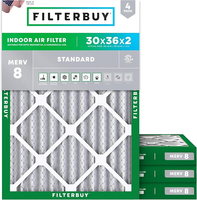 Filterbuy 30x36x2 Air Filter MERV 8 Essential Dust & Allergy Defense, by Filterbuy