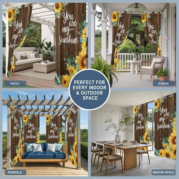 Summer Outdoor Curtains for Patio Sunflowers Eucalyptus Leaves Wood Waterproof - Image 8