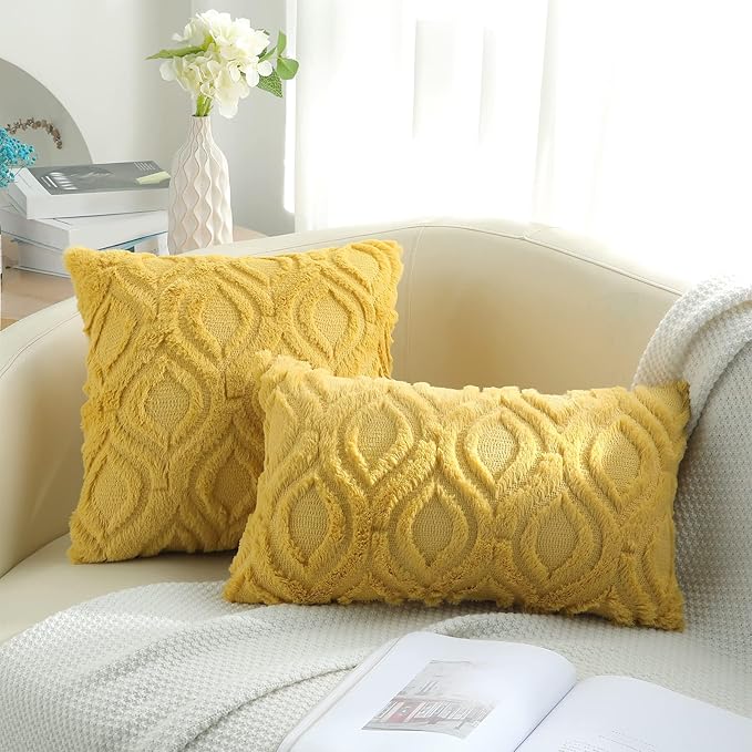 decorUhome Summer Throw Pillow Covers 12x20 Inch Set of 2, Soft Plush Faux Wool Mustard Yellow Solid Couch Pillow Covers, Accent Farmhouse Neutral Rectangle Pillow Cases for Sofa Bed Living Room