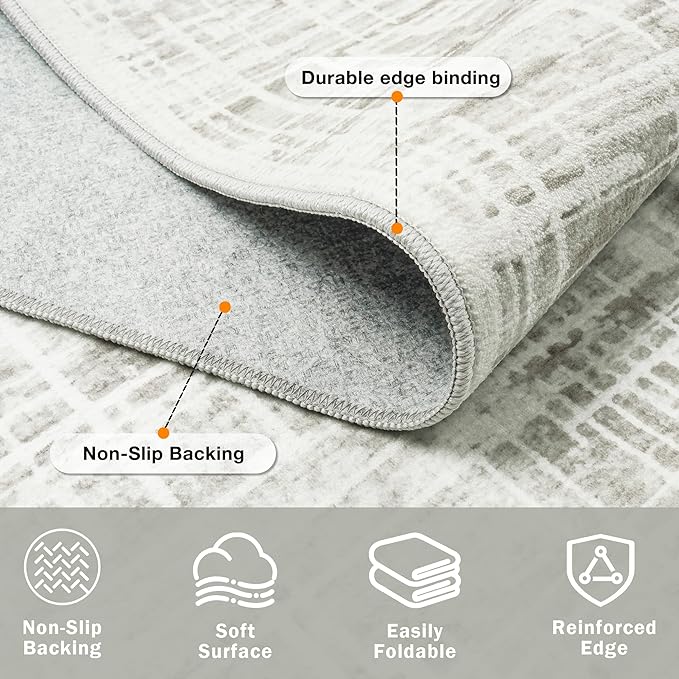 10x14 Area Rugs for Living Room Washable Rug: Anti-Skid Abstract Modern Living Room Rug Soft Thin Carpets Indoor Floor Non-Shedding Carpet for Bedroom Dining Farmhouse Nursery Home Office White Gray