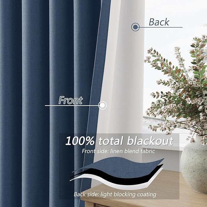 Denim Blue 100% Blackout Linen Curtains 120 Inch Length 2 Panels Set for Living Room Bedroom Back Tab Thermal Insulated Black Out Drapes Room Darkening Farmhouse Style for Bedroom Window Curtains