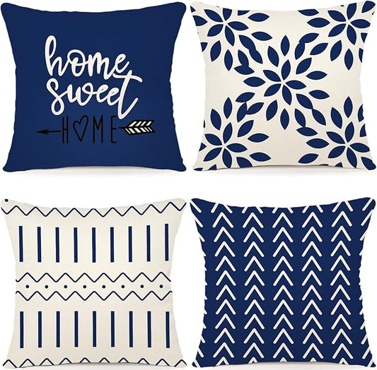 YCOLL Pillow Covers 22x22 Set of 4, Modern Sofa Throw Pillow Cover, Decorative Outdoor Linen Fabric Pillow Case for Chair Sofa Couch Bed Car, Dark Blue