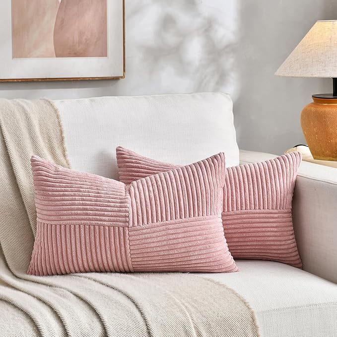 Fancy Homi 2 Packs Blush Pink Lumbar Decorative Throw Pillow Covers 16x26 Inch for Living Room Couch Bed, Rustic Farmhouse Boho Home Decor, Soft Striped Corduroy Rectangle Accent Cushion Case 65x40 cm