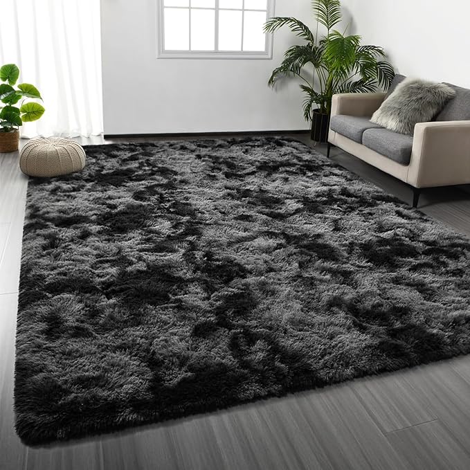 Large Shag Area Rugs 6 x 9, Tie-Dyed Plush Fuzzy Rugs for Living Room, Ultra Soft Fluffy Furry Rug for Bedroom, Indoor Carpet Nursery Rugs for Kids Room Home Decor, Dark Grey
