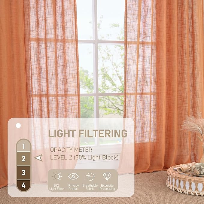 LAMIT Burnt Orange 78 inch Linen Curtains for Living Room 2 Panels, Linen Textured Light Filtering Semi Sheer Back Tab and Rod Pocket Panels for Bedroom/Farmhouse, 52 x 78 Inch