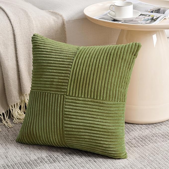 Fancy Homi 2 Packs Moss Green Samll Decorative Throw Pillow Covers 12x12 Inch with for Couch Bed Sofa, Rustic Farmhouse Boho Home Decor, Soft Corss Patchwork Corduroy Square Cushion Case 30x30 cm