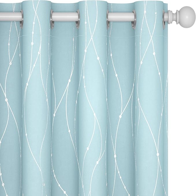 Deconovo Blackout Curtains, Thermal Insulated Soundproof Grommet Drapes, Wave Dot Foil Print, 52 x 108 Inch, Set of 2, Machine Washable Window Panel for Bedroom Living Room Nursery Kitchen, Light Blue
