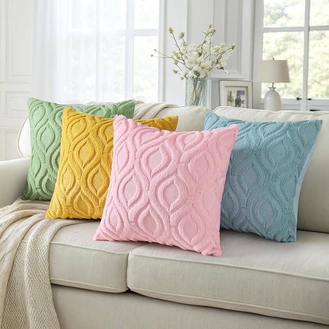 decorUhome Summer Throw Pillow Covers 16x16 Inch Set of 2, Soft Plush Faux Wool Light Pink Solid Couch Pillow Covers, Accent Farmhouse Neutral Square Pillow Cases for Sofa Bed Living Room
