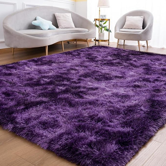 Goideal Fluffy Rug for Bedroom Living Room, 7x10 Purple Area Rugs, Faux Fur Shag Modern Carpet Ultra Soft Girls Boys Room Home Decor, Tie-Dyed