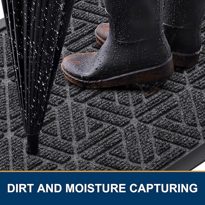 Smiry Front Door Mat Outside Entrance, Heavy Duty Sturdy Natural Rubber Doormat, Trap Dirt and Moisture, Easy Clean Low Profile Mats for Indoor Outdoor Entry, Grid Geometric (47x23, Grey)