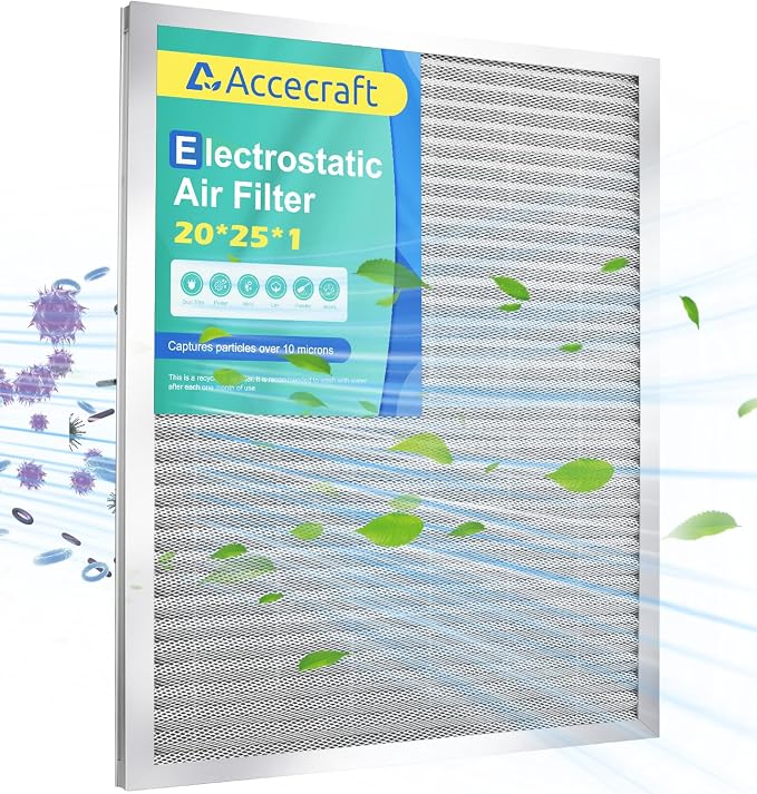 20x25x1 Electrostatic Air Filter, Washable & Reusable Aluminum AC/HVAC Furnace by Accecraft