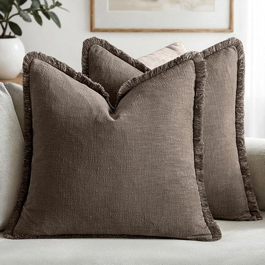 MIULEE Decorative Throw Pillow Covers Neutral Linen Fringe Throw Pillows Euro Shams Set of 2 Natural Coffee Boho Farmhouse Cushion Covers for Couch Sofa Bed Living Room Spring Home Decor 22x22 Inch