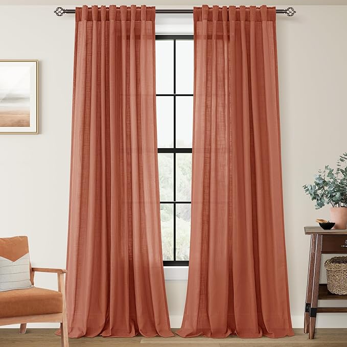144 inch Linen Terracotta Curtains 2 Panels for Living Room Back Tab Light Filtering Semi Sheer Rust Colored Curtains 144 inches Long Soft Thick Cotton Cloth Textured Rustic Boho Farmhouse Room Decor
