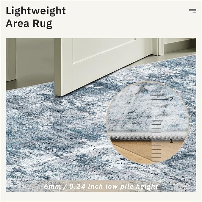 9x12 Area Rugs for Living Room, Abstract Non Slip Machine Washable Vintage Rugs, Low Pile Lightweight Large Rug for Bedroom, Dining Room, Home Office Blue