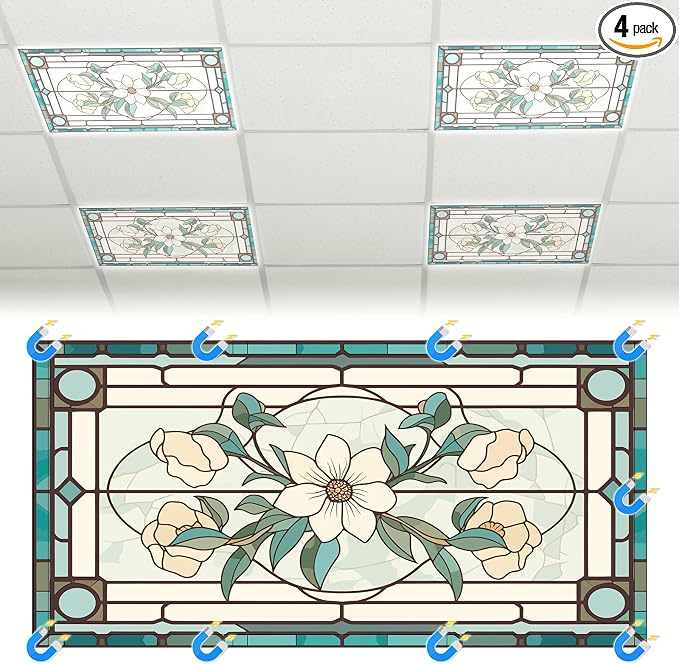Glooglitter 4 Pcs Retro Floral Fluorescent Light Covers 4 x 2 ft Stained Glass by Glooglitter