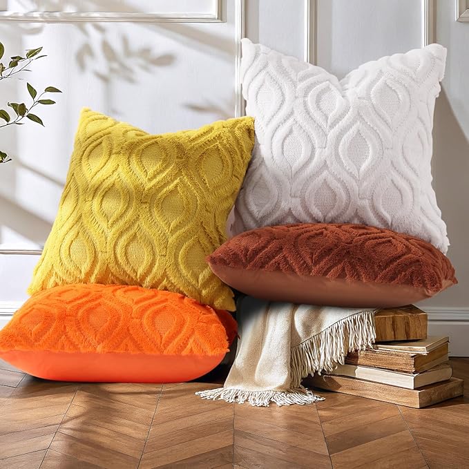 decorUhome Throw Pillow Covers 16x16 Inch Set of 2, Soft Plush Faux Wool Cream White Solid Couch Pillow Covers, Accent Farmhouse Neutral Square Pillow Cases for Sofa Bed Living Room