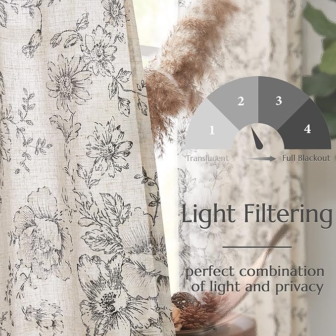 jinchan Linen Floral Curtains Extra Wide for Patio Sliding Glass Door Room Divider Curtain for Living Room 96 Inch Length Farmhouse Peony Black Printed Curtain Set 1 Panel