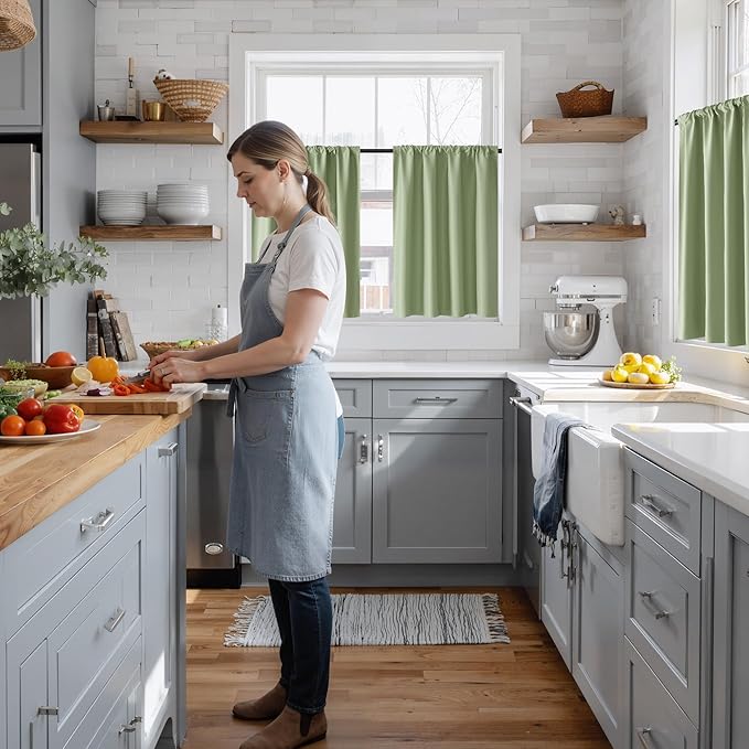 RYB HOME 100% Blackout Short Curtains for Small Window, Thermal Insulated Total Room Darkening Noise Reducing Curtains for Kitchen Bathroom Basement, 52 inches Wide by 36 inches Long, Sage Green
