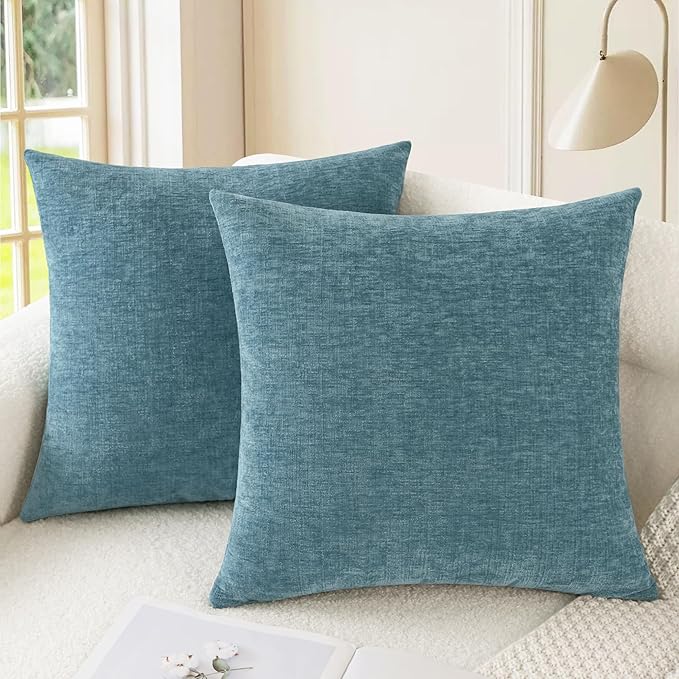 CaliTime Throw Pillow Covers Decorative 20 X 20 Inches Pack of 2 Cozy Chenille Cushion Cases for Couch Sofa Bed Living Room Home Smoke Blue
