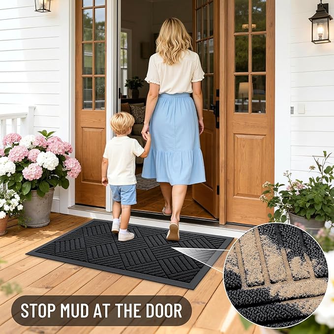 OLANLY Front Door Mat Outside Entrance 71x23, Absorbent, Heavy Duty Sturdy Natural Rubber Doormat Indoor Outdoor, Stain and Fade Resistant, Non-Slip Low Profile Floor Mat for Entryway, Black Diamond