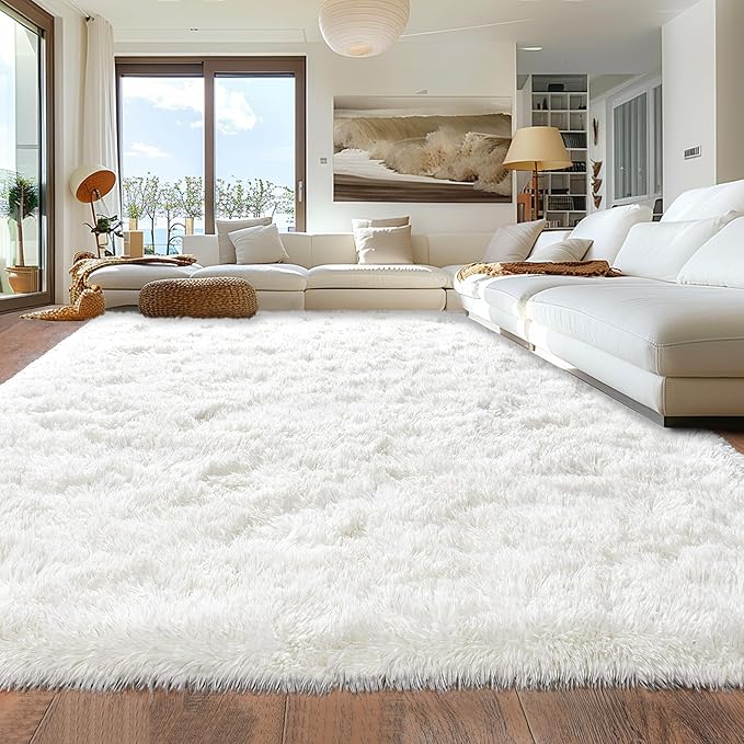Rugs for Living Room 9x12, Soft Shaggy Modern Shag Area Rug for Bedroom, Upgrade Non-Slip Plush Fluffy Carpet for Kids Boys Girls Room Home Decor Aesthetic, Cream White