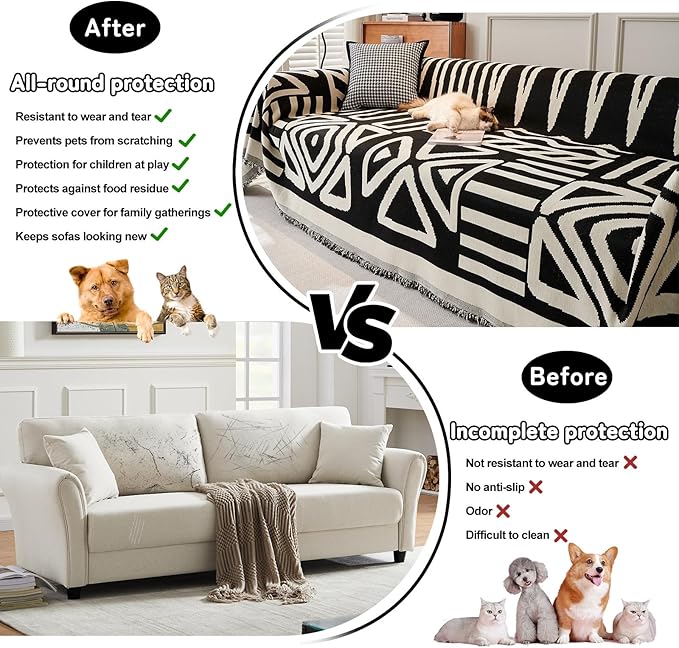 HANDONTIME Boho Sofa Covers for Dogs Black Couch Sofa Covers for 3 Cushion Couch Sofa Beige Chenille Sofa Slipcover Washable Sectional l Shaped Covers Pets Protector Furniture Covers, 71" X150"
