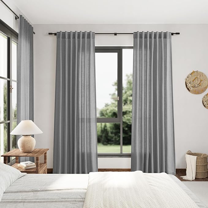 Dark Grey Linen Curtains 84 Inches Long for Bedroom Rod Pocket Back Tab Light Filtering Privacy Semi Sheer Curtain Farmhouse Decor Cotton Textured Drapes for Living Room 2 Panels Set 52x84 Inch