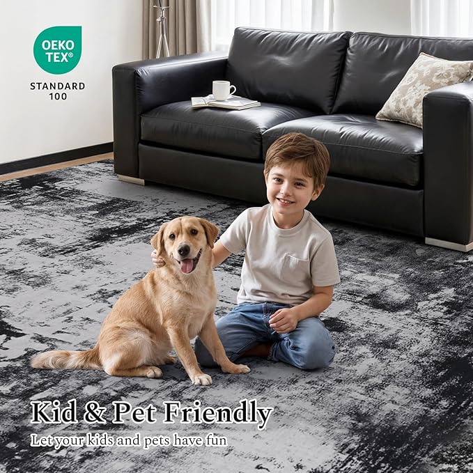 Rugflix 9x12 Area Rugs for Living Room, Washable Large Rug Stain-Resistant Low Pile, Modern Dark Carpet for Dining Room Home Office Kid Room Nursery Bedroom, Black Grey