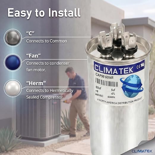 ClimaTek 60 + 5 MFD 370/440 Volt Dual Run Round Capacitor CAP99-6054R | 60/5 VAC - Image 3