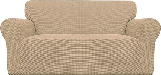 Easy-Going Stretch Loveseat Slipcover 1-Piece Sofa Cover Furniture Protector Couch Soft with Elastic Bottom for Kids Polyester Spandex Jacquard Fabric Small Checks (Loveseat, Sand)