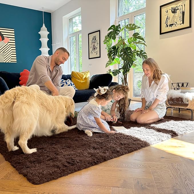 OLANLY 7x7 Machine Washable Large Area Rugs for Living Room, Bedroom, Soft Fluffy Shaggy Bedside Rug, Indoor Floor Carpet for Kids Girls and Boys, Dorms, Nursery, Home Decor Aesthetic, Coffee